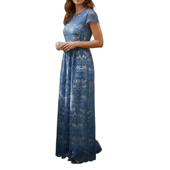 Monique Lhuillier ML teal lace applique floor length gown formal maxi dress  2 - Picture 2 of 12